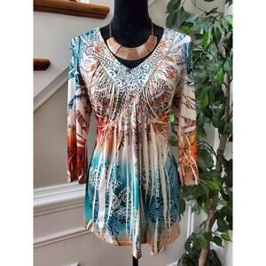 One World Women's Multicolor Polyester V-Neck Long Sleeve Top Blouse Size Medium